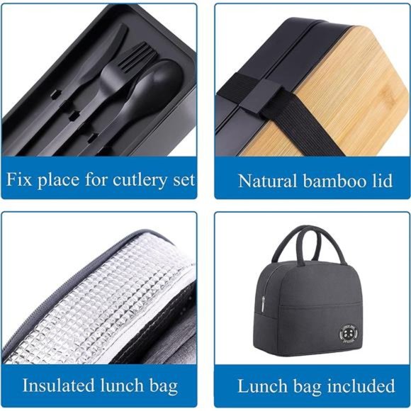 NEW in Box - Japanese Bamboo Box, Lunch Bag Meal Prep Black for Kids & Adults - Picture 4 of 6